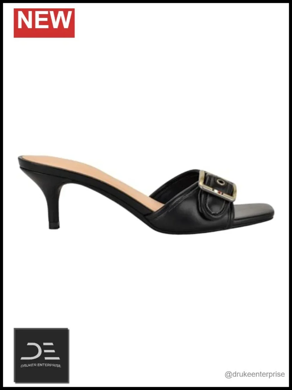 Faux Leather Kitten Heel Sandals with Buckle Strap, Slip-On Square Toe